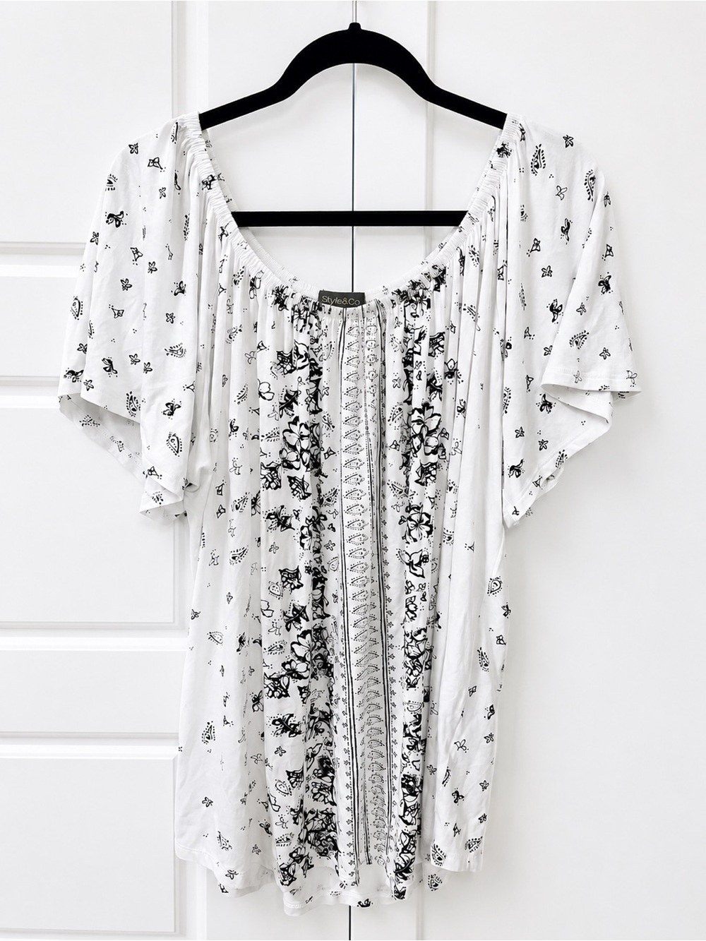 Style & Co 3X Boho Floral Print Short-Sleeve Boho Peasant Top - White/Black